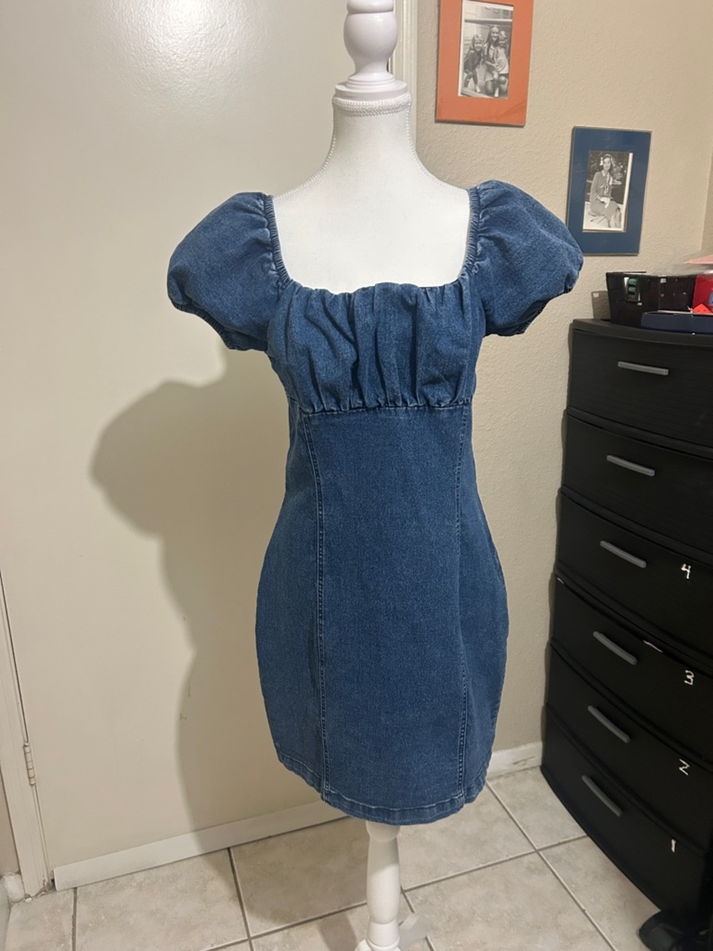 Puff-Sleeve Denim Mini Dress - Blue